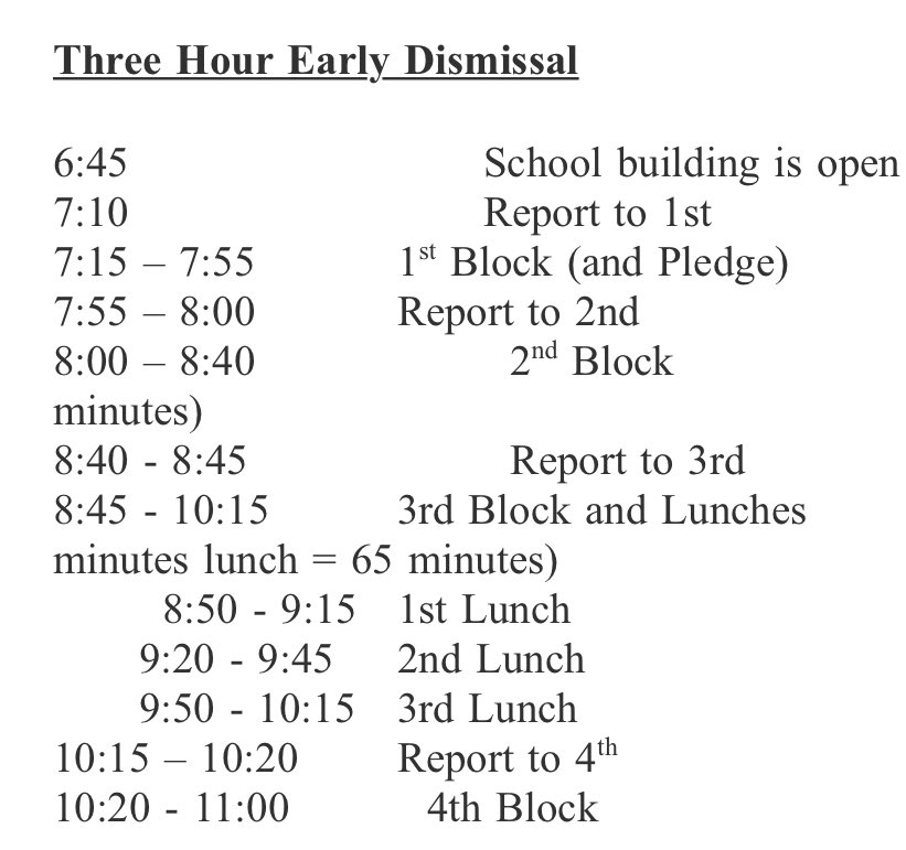 3 hour early dismissal schedule for Thursday, 2/20. 🔔 No Ram Time tomorrow. ❄️ ❄️ ❄️