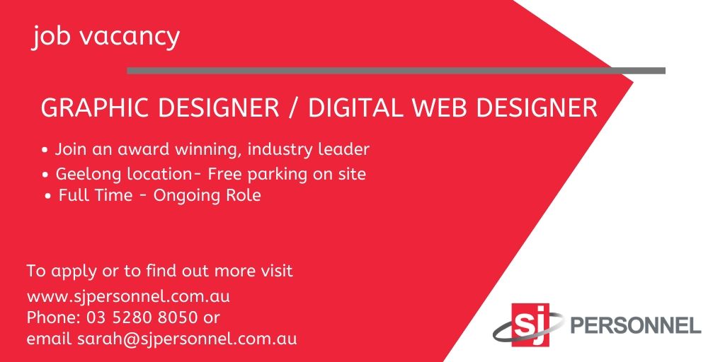 JOB VACANCY
Seeking a designer that can demonstrate an ability to design for a variety of online purposes as well as 
traditional logo design. Responsive website design, social media &amp; Google Ad formats. 
Visit our website find out more!
#geelongcreatives #geelongjobseeker