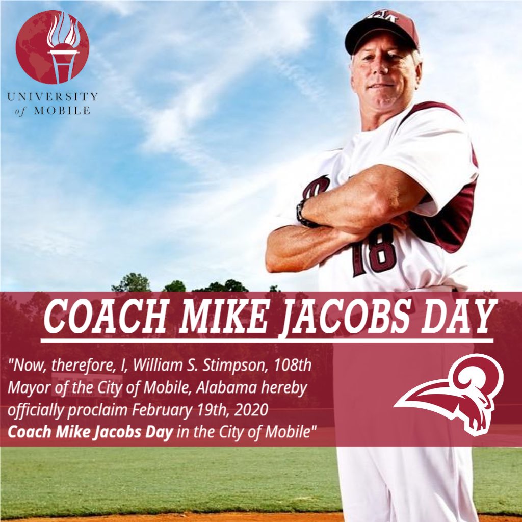 UMobileRams's tweet photo. BSB ⚾️ | During pregame of tonight’s baseball game at the Hank, Mayor Sandy Stimpson proclaimed today, February 19, 2020, as Coach Mike Jacobs Day!

Wonderful announcement this afternoon!

#MJ18 https://t.co/4UPSphsZ1k