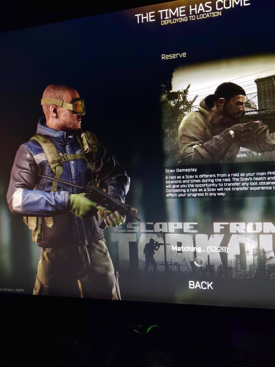 Blake_Peterson_'s tweet photo. @bstategames @BetaEFT any idea why it's taking almost an hour to match as a scav? Stopped being funny at 30 min and then became a mission... https://t.co/D43hVItcHI
