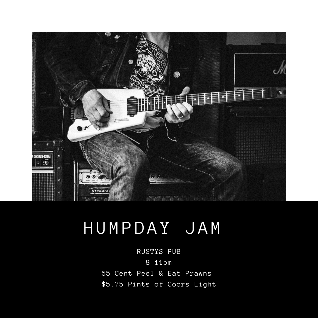 RustysPub's tweet photo. Hump Day Jam!! All performers welcome starting at 8pm. 
55 cent Peel and Eat Prawns and $5.75 pints of Coors Light. https://t.co/AF2k58nica