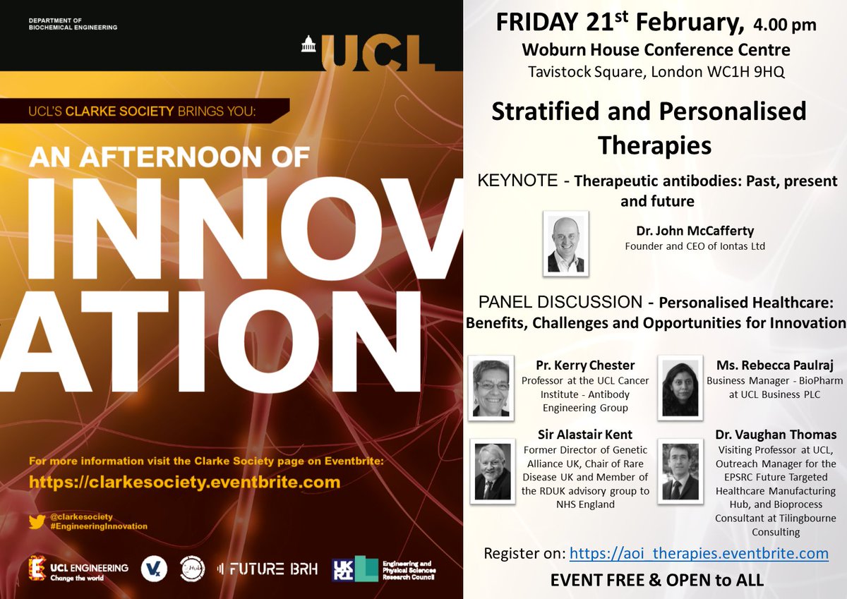 Dr. Vaughan Thomas from of our department @UCLBiochemEng1 @FutureHealthHub @UCLEngineering @UCLEnterprise will give his contribution to the discussion on Personalised Healthcare. Tomorrow 4pm, @WoburnHouseCC Register: aoi_therapies.eventbrite.com #engineeringinnovation #changetheworld