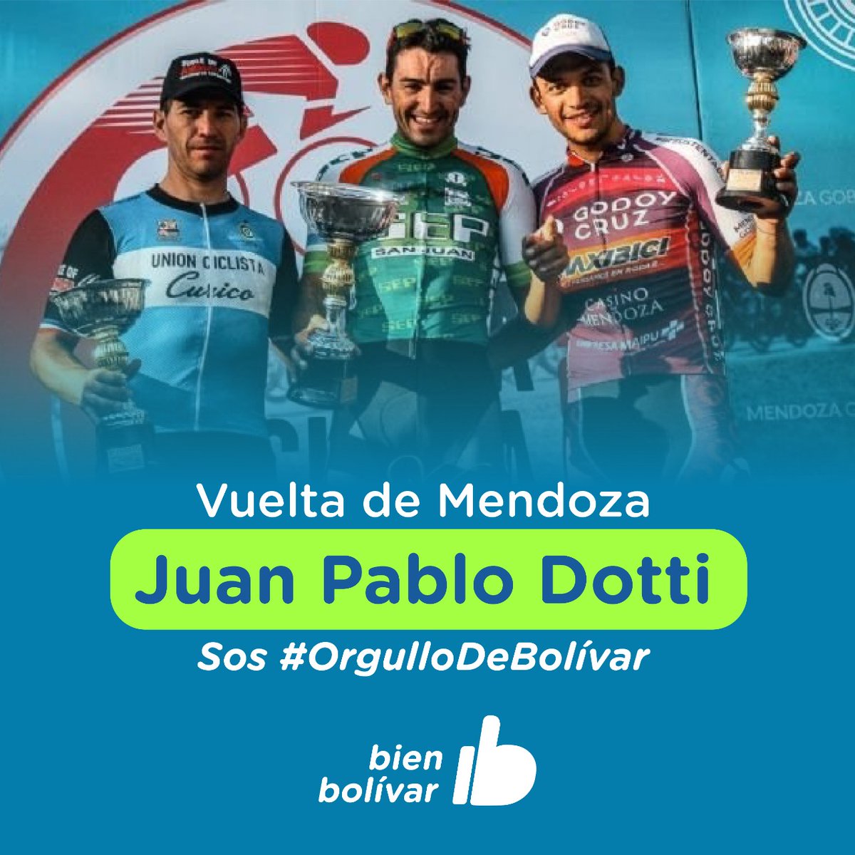 ORGULLO DE BOLÍVAR 
Juan Pablo Dotti forma parte de la 44° edición de la <a href="/VueltaMendoza/">Asociación Ciclista Mendocina</a> Desde Bolívar enviamos todas nuestras energías para el desafío de mañana.
Estamos orgullosos de vos, orgullosos de nuestra #BolívarDeportiva 🚴‍♂️