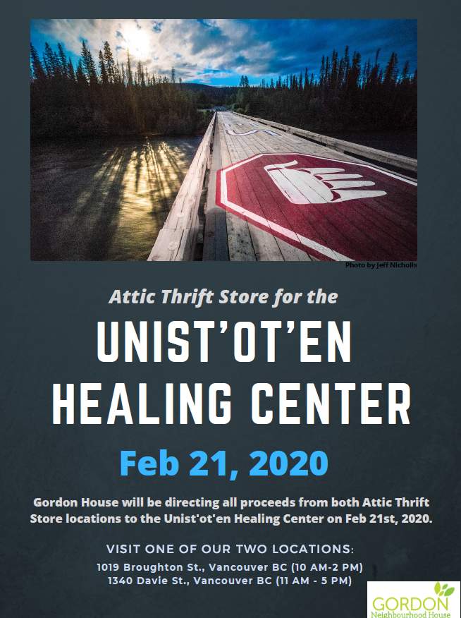Make sure you stop by the Attic Thrift Store THIS Friday -- all proceeds made will go to the Unisto'ot'en Healing Center! 

And... while you're at it, help us get the word out by sharing this poster! #togetherwegrow