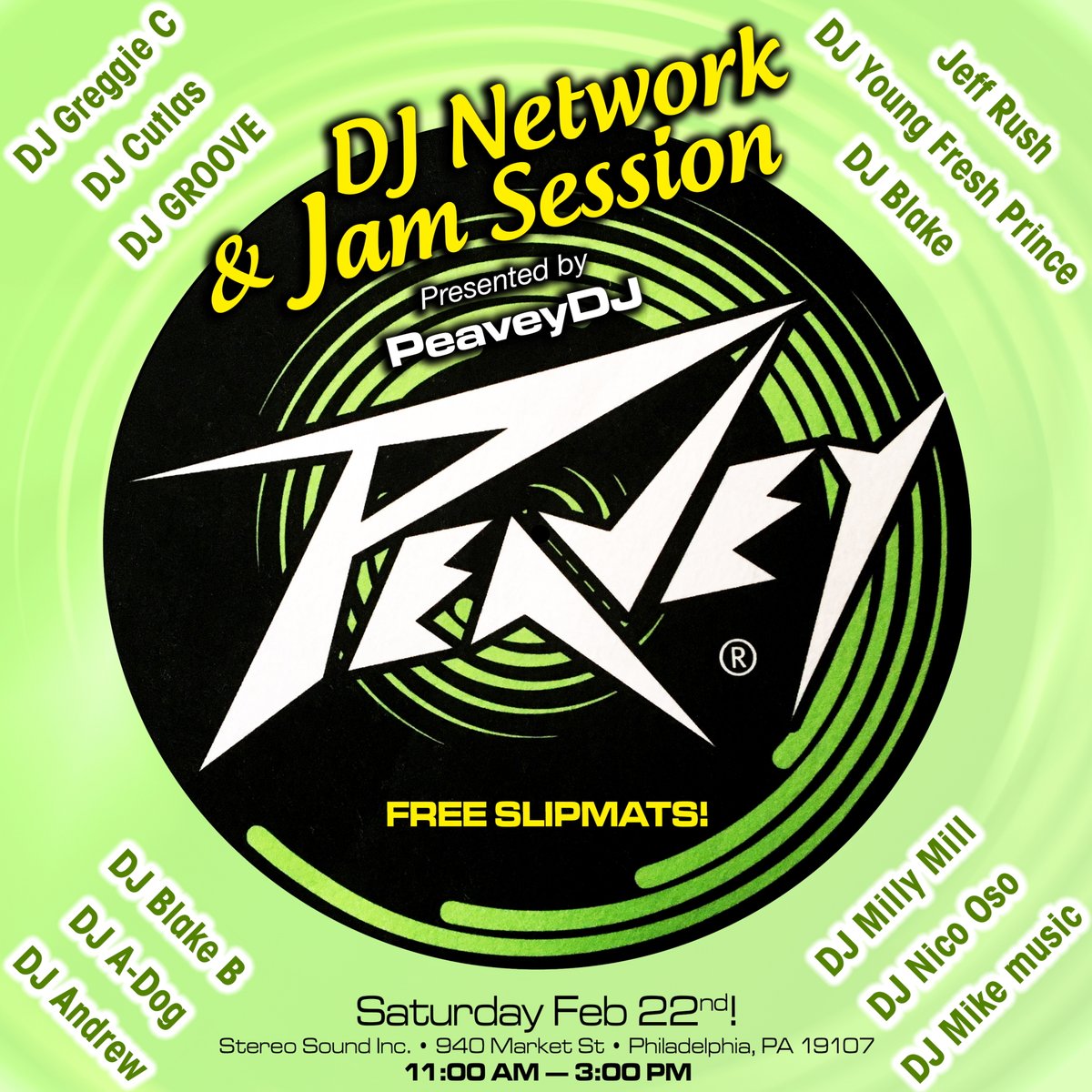 DJGreggieC's tweet image. Join the Peavey DJs at Stereo sound 940 Market st in PHila. Sat from 11am to 3pm for a dj network session &amp;amp; a demo of the Peavey LN1263 before it hits stores. There will also be slipmat - T shirt - and Baseball hat giveaways! #peaveydj #djgreggiec #djspeakers #poweredbypeavey