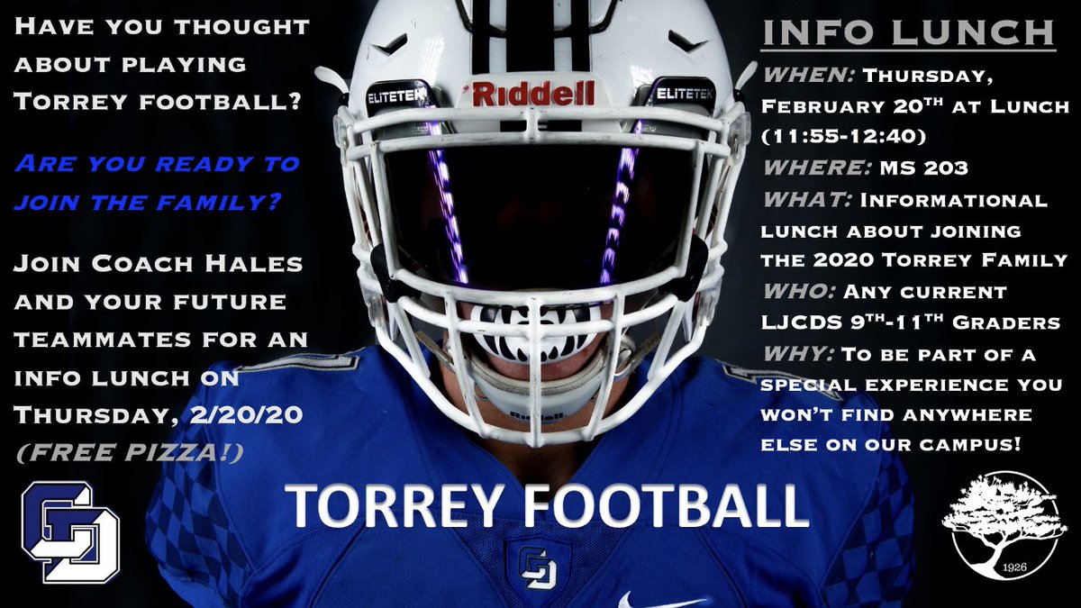 coach_hales's tweet image. We’re looking to add some reinforcements to our @TORREYFOOTBALL family! Any current @LJCDS 9th-11th graders interested in playing football next fall should come to my room (MS203) at lunch for some free pizza TOMORROW! #TorreyPride #JoinTheFamily #OneTreeOneTeam @TorreyAthletics