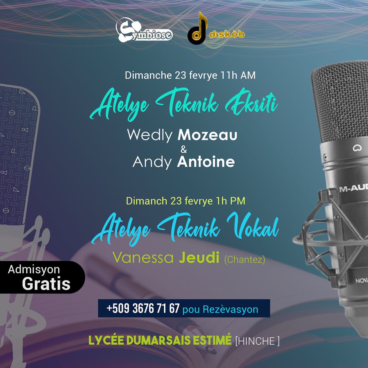 vanessajeudiht's tweet photo. Nou envite w patisipe nan atelye teknik vokal ak @vavaayiti nan vil Ench... Se yon inisyativ @symbiose509 ak @diskobmizik
#atelye #atelierdevoix #chant #musique #womeninmusic #femalesinger #haitiansinger #diskobmizik #vanessajeudi #nanm https://t.co/RQUYpPgHAo