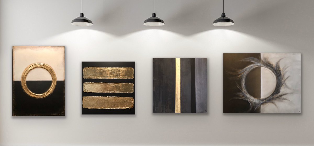 “A painting is not a picture of an experience, but is the experience.” - Mark Rothko 
Recent pieces from my black, gold &amp; white sculptural series. Circular or straight line features? Which appeals to you more? 
 #artist #style #interiordesign #abstractart #sculptural #acrylicart