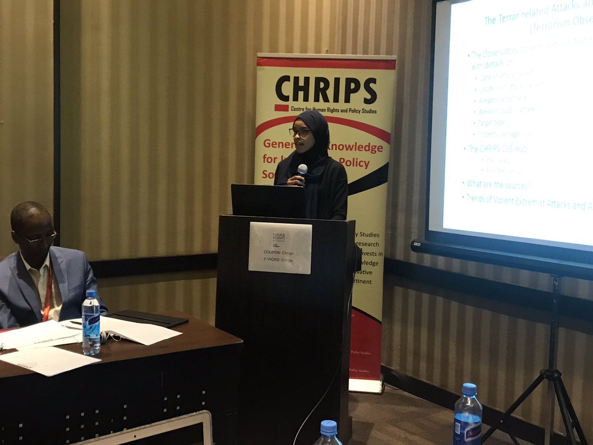 CHRIPSKE's tweet photo. CHRIPS researcher Rahma Ramadhan presenting findings on terror related arrests and attacks since the establishment of the CVE observatory in 2017 by @CHRIPSKE https://t.co/3F2FCMDrbI