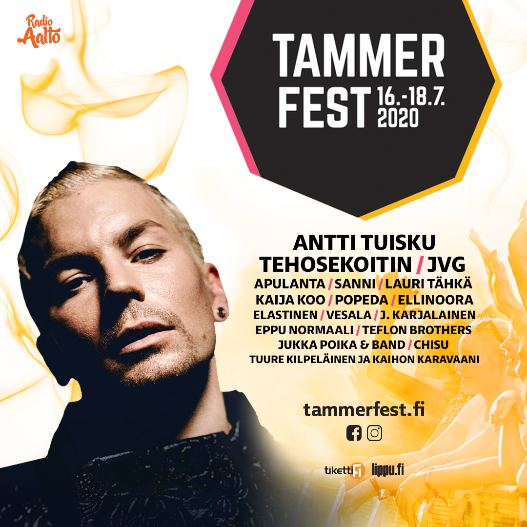 Tammerfestin upea ohjelma on nyt julkaistu! 💃 Ratinanniemen festarilavoilla 16.-18.7. nähdään ja kuullaan mm. Antti Tuisku, Tehosekoitin, JVG, Apulanta, SANNI sekä monet muut eturivin ykkösartistit. 😍 Varmista paikkasi Tammerfestissä 2020 ja hanki lippusi nyt! 🎫 #tammerfest