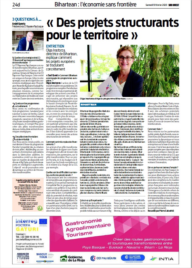 [#INTERNATIONAL #TRANSFRONTALIER]
À lire dans le supplément Sud Ouest du samedi 15 février - un zoom sur une économie sans frontière avec la CCI #bihartean #lanaland #gaturi #compet'plus <a href="/Andre_Garreta/">André Garreta</a> <a href="/BIHARTEAN/">BIHARTEAN</a>