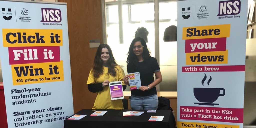 Today is the last day this week our National Student Survey pop-up stands will be on campus, in the Business School &amp; John Dalton.

If you're a final-year undergrad student, head to the stand, complete the #NSS2020 &amp; get a hot drink voucher. Find out more: ow.ly/dGjs50yhSon