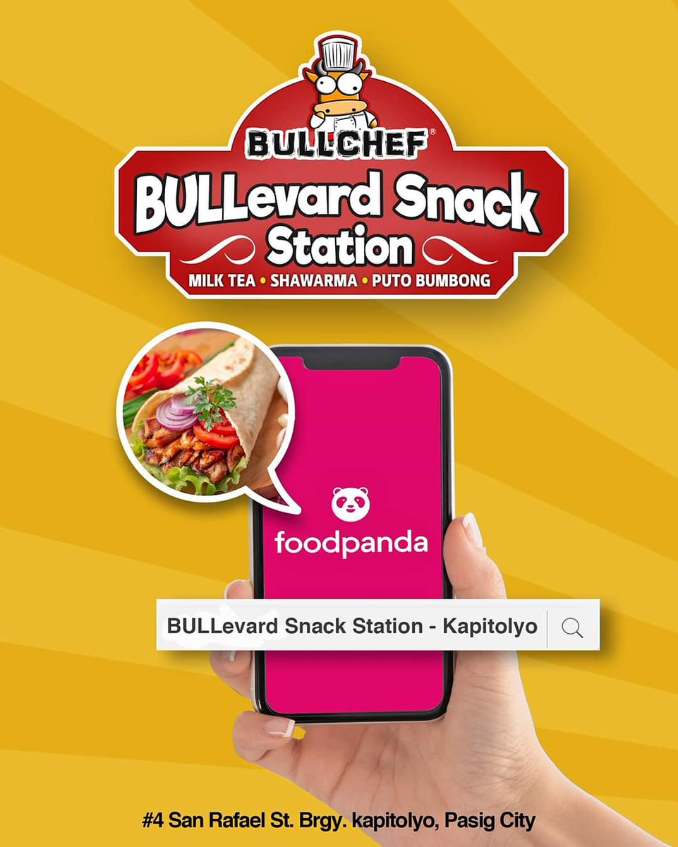 weareBULLCHEF's tweet photo. Your favorite Shawarma and Milk Tea is now in FOOD PANDA. Have it delivered right on your door steps. 🛵🚪
#HassleFree #FreeDeliveryPromo #BULLCHEFRestobarAndGrill #TheBULALOChef #Kapitolyo #Pasig #FoodPanda https://t.co/PLzvYU5ZRI