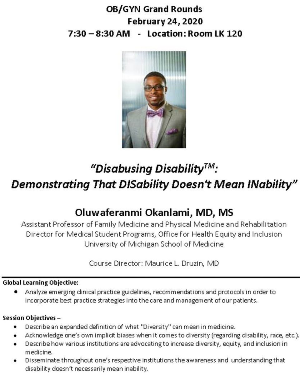 StanfordSMADIE's tweet image. Please show your support by attending the OB/GYN Grand Rounds on February 24, 2020, at 7:30 AM. @Okanlami is a fantastic speaker, and it is exciting that he is presenting here at @Stanford!
#disabilityawareness #disabilityinclusion #disabusingdisability #docswithdisabilities