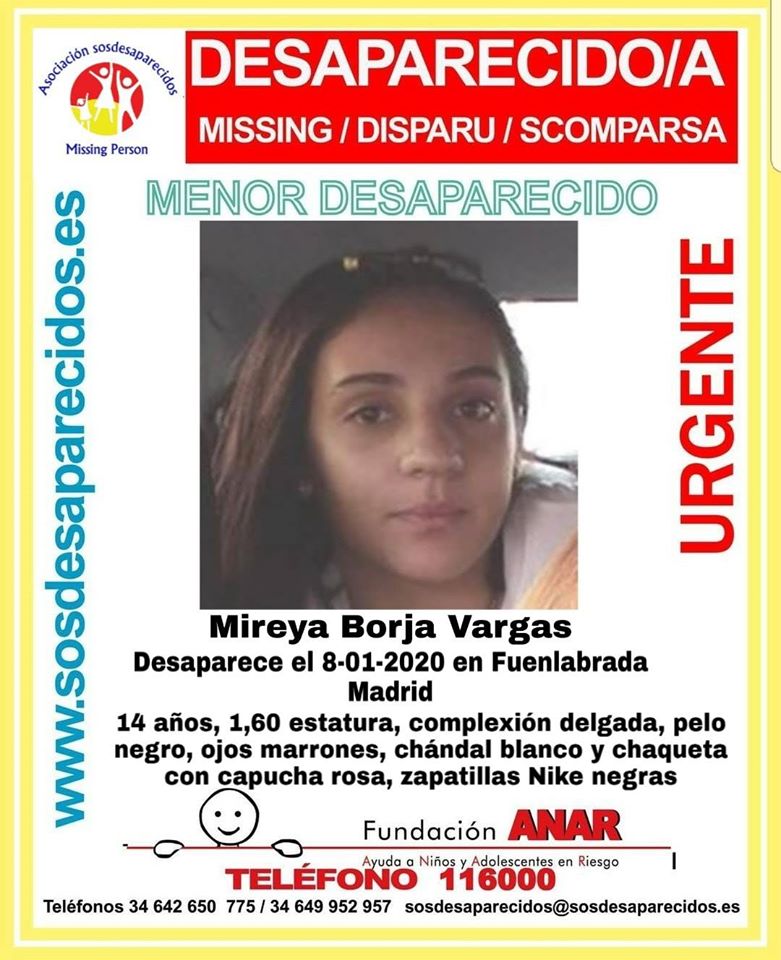 guardiacivil's tweet photo. 🆘#MuyUrgente ⚠️
Esta es Mireya, una #menor que ha #desaparecido en #Fuenlabrada #Madrid

Si la has visto, llama:

☎ #062 
☎   091 
☎   112 

Colabora, tu RT no cuesta nada y puede ayudar mucho. https://t.co/Bjsn9qIAj3