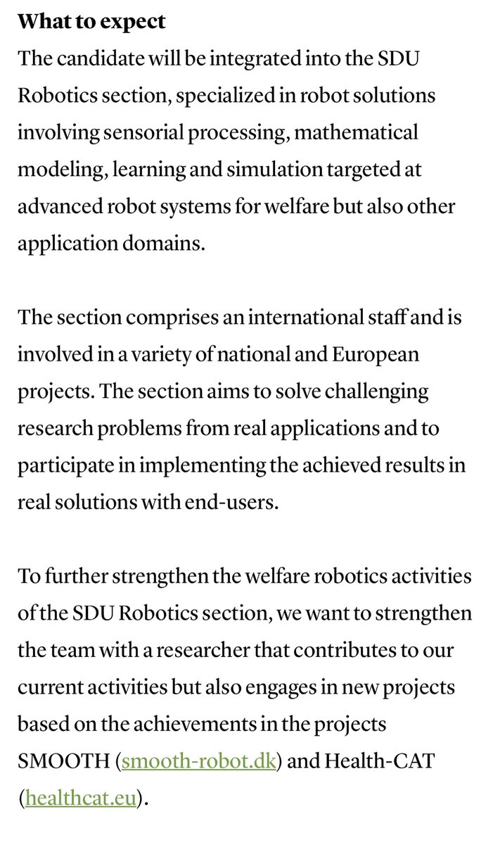 We are hiring a Research Assistant or PhD Student #Welfare #Robotics. The position is at <a href="/SyddanskUni/">Syddansk Universitet</a>‘s famous Maersk Mc-Kinney Moller Institute (Odense/DK). #SDUrobotics

Expect high quality of living, exciting tasks and an interdisciplinary team!

sdu.dk/en/service/led…