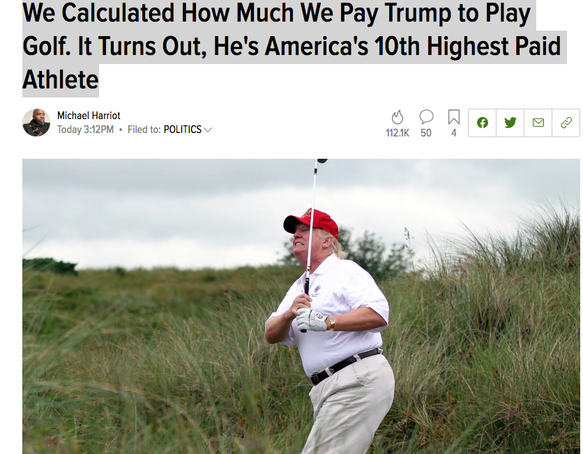 CherylMorrisW's tweet photo. 'We Calculated How Much We Pay 💰 Trump 🍑 to Play ⛳️  Golf. It Turns Out, He's America's 10th Highest Paid Athlete'

#Trump✳️ 

https://t.co/i721ORDs35 https://t.co/h9KNKbtzwt