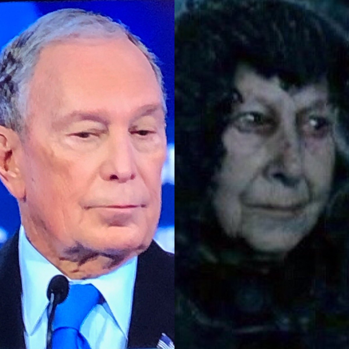 mamph20's tweet photo. Mike Bloomberg has a celebrity doppelgänger and it is Bathilda Bagshot’s corpse with a snake inside it https://t.co/Bu6MHACMsl