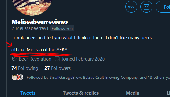 TheAFBA's tweet photo. yes you should follow @Melissabeerrev1 we think she is spiffy. #abbeer #votebeer #TheAFBA https://t.co/zZSqS5ouEZ