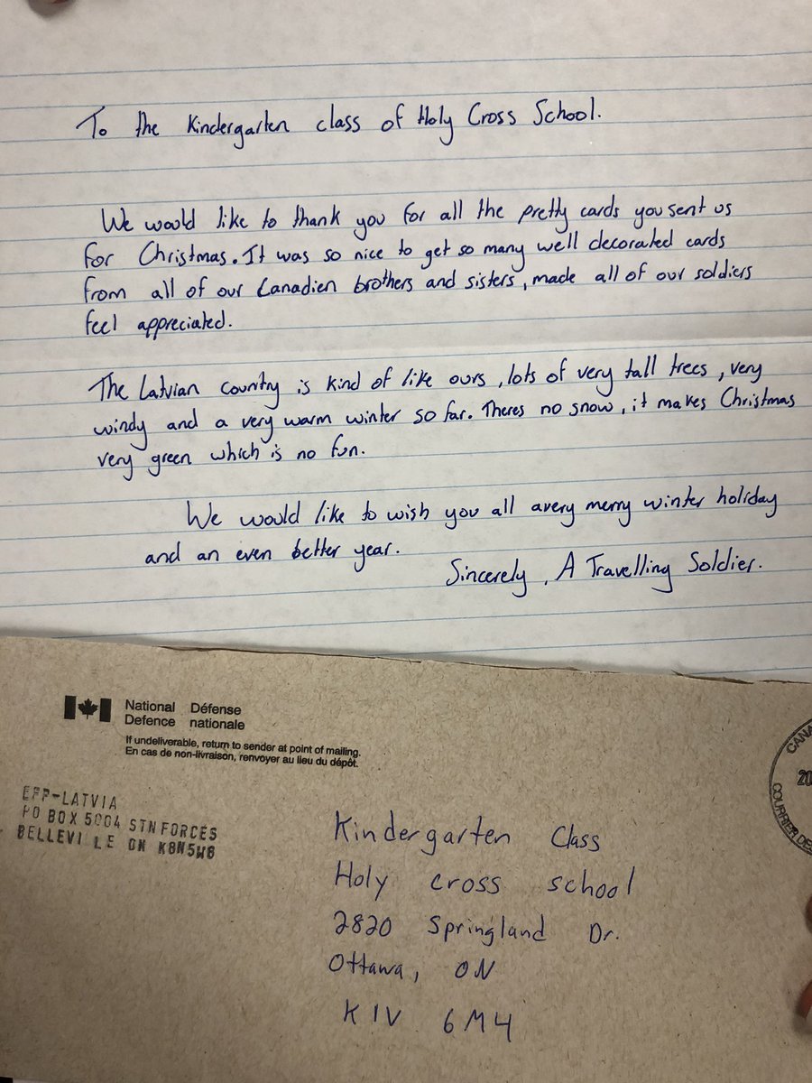 HolyCrossOCSB's tweet photo. A member of the @CanadianForces sent a beautiful letter to our Kinders thanking them for the cards they made and sent to soldiers stationed abroad. It looks like their letters made it to our troops in Latvia! #Proud2BHC #ActsOfKindnessMatter #ocsb @Kev_Rex @msattwellocsb https://t.co/eI1Jh4koeS