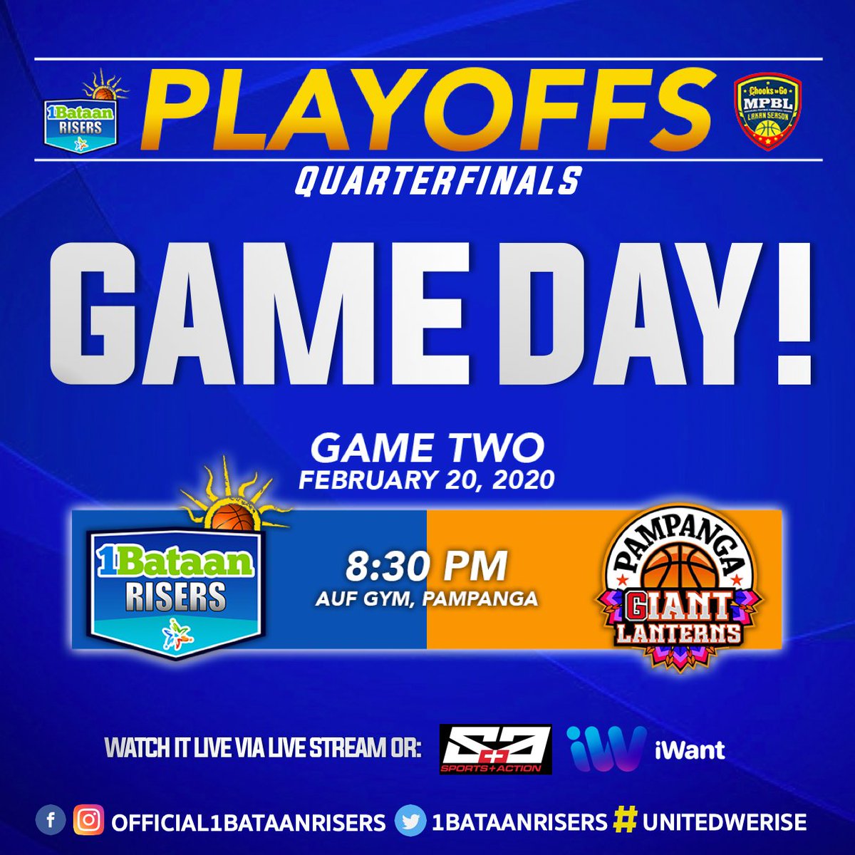 It's Game-2 Day against Pampanga Giant Lanterns! Hindi sumusuko, babawi tayo! 👊 Halina sa AUF Gym at ibigay ang buong suporta sa para sa 1BATAAN RISERS! UNITED WE RISE!☝️

#1BATAANRISERS #CamayaCoast #MPBLPlayoffs #NorthDivision #MPBL #LakanSeason3 #LigaNgBawatPilipino