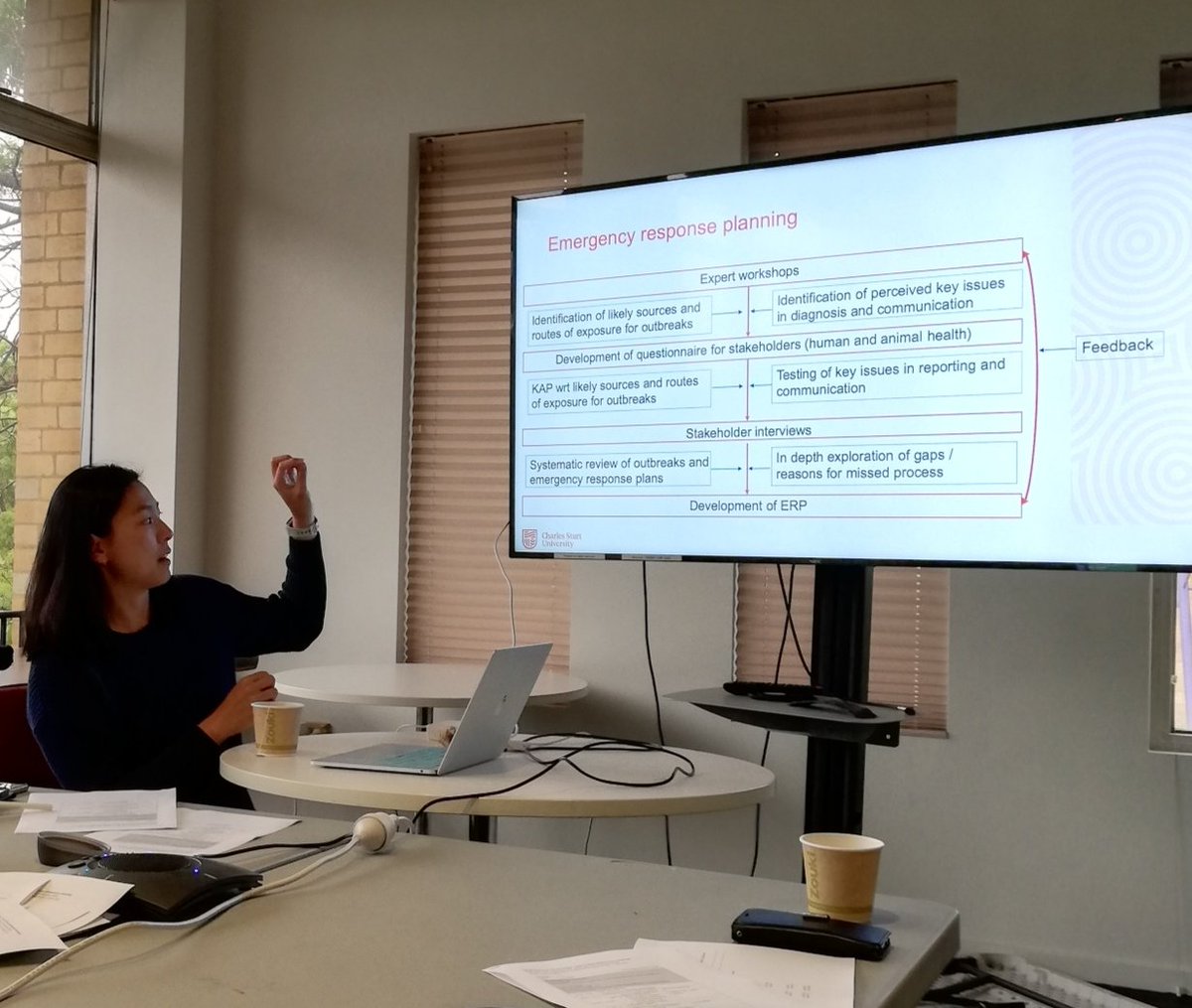 Qfever_Group's tweet photo. Great things happen in threes!  PhD student Tabita Tan @FVASunimelb  @CharlesSturtUni discussing her work on a Q fever Emergency Response Plan at the  @Qfever_Group team meeting. https://t.co/yMhqDuLATE