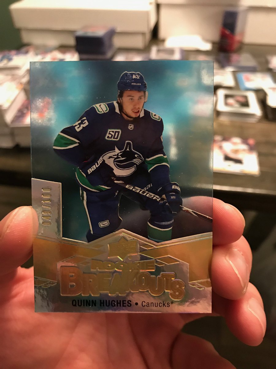 westsportscards's tweet photo. @UpperDeckHockey @UpperDeckSports @UniversalDst @SHOWYOURHITS @beckettmedia @HockeyCardHits @sportscardalbum @UltraPROSupply awesome case of 19-20 Upper Deck S2 Quinn Hughes Rookie Breakout, Makar Fluorescence Emerald /15 +  Timashov CC Young Guns #wscbigpulls loaded case https://t.co/twf7OyL61v