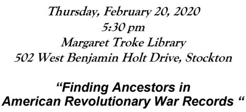Looking for those Revolutionary War Patriots in your family tree? If you're in #Stockton Thursday evening, consider yourself invited to join us at <a href="/SSJCPL/">Stockton-San Joaquin County Public Library</a> Troke library at 5:30 and talk #Genealogy.