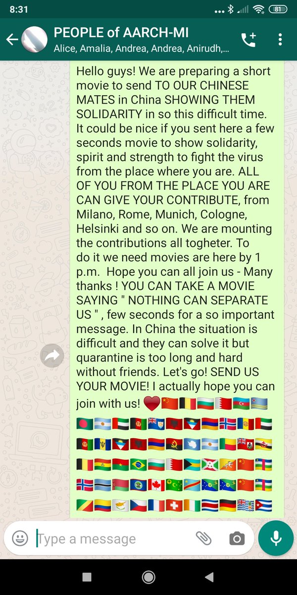 We are preparing a short movie to send to our chinese mates in China showing them solidarity. You can be part of it sending a 10 sec movie saying "NOTHING CAN SEPARATE US" with the background of the place where you are. Let's go, send us your movie! #ChinaCoronaVirus