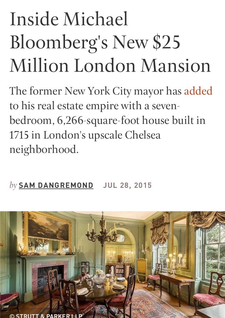 drkwarlord's tweet photo. @MikeBloomberg @BernieSanders Hi I'm Mike Bloomberg. Im criticizing Bernie Sanders for making $2 million off a book about a political revolution.

BTW here's my $25 million mansion in London and my homes in Bermuda and Vail.

Oh and did I mention that I also have a fleet of private jets &amp; helicopters? https://t.co/DMhQbZnA8M