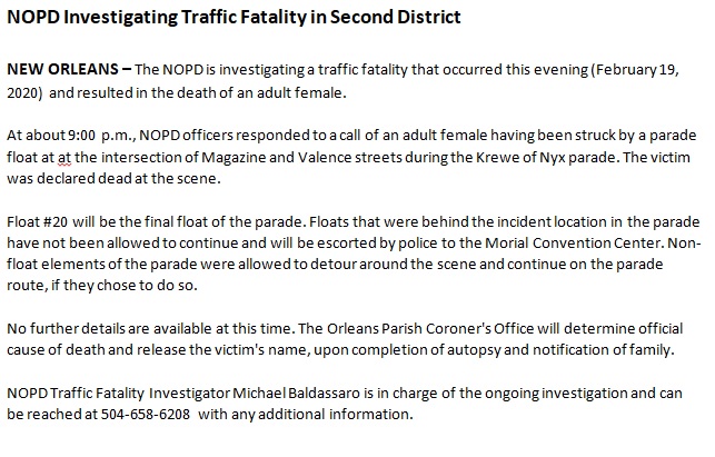 NOPDNews's tweet photo. Press release from NOPD re: traffic fatality that occurred this evening on Magazine at Valence streets. https://t.co/zfb9sf6Iar