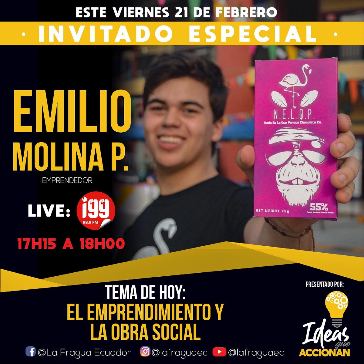 LaFragua11's tweet photo. En #ideasqueaccionan este viernes 29 de febrero desde las 17: 15  a 18:00 por @radioi99 tendremos de invitado especial emprendedor Emilio Molina Prado, donde hablaremos sobre Emprendimiento y obra social.  #activismo #juventud @emiliomolina123 #ecuador https://t.co/WiSpbQVkC2
