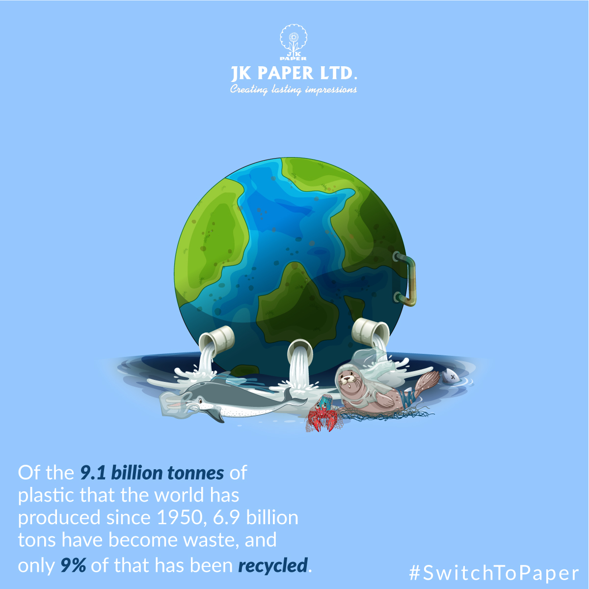JKPaperIndia's tweet photo. Of the 9.1 billion tonnes of plastic that the world has produced since 1950, 6.9 billion tons have become waste, and only 9% of has been recycled, the rest ends up in landfills and in the world's oceans. Switch for #sustainability and save our oceans. #SwitchToPaper. https://t.co/whS5F1gzKa