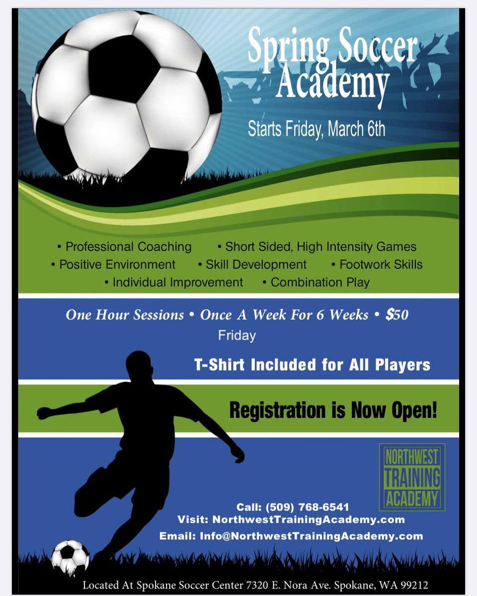 FCSpokane's tweet image. ANNOUNCING THE SPRING 2020 ACADEMY! 

Join area athletes on Friday nights and commit to improvement! 

Academy held on Fridays in March: 6th, 13th, 20th, 27th; Fridays in April: 3rd and 10th

Register today at: northwesttrainingacademy.sportngin.com/register/form/…