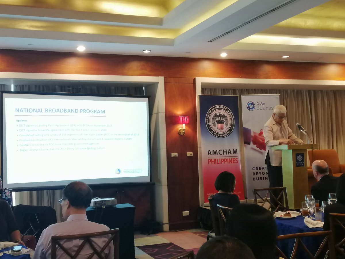 PHILEXPORTMNL's tweet photo. NOW: AmCham Committee Luncheon Meeting with a theme "Gearing Towards the Digital Age: Philippines DICT Updates."
DICT U/Sec. Eliseo Rio Jr. discussed the accomplishments of the department from 2016 to 2019, including the National Broadband Program.
#AmCham #PHILEXPORT https://t.co/oLUryZmJTy