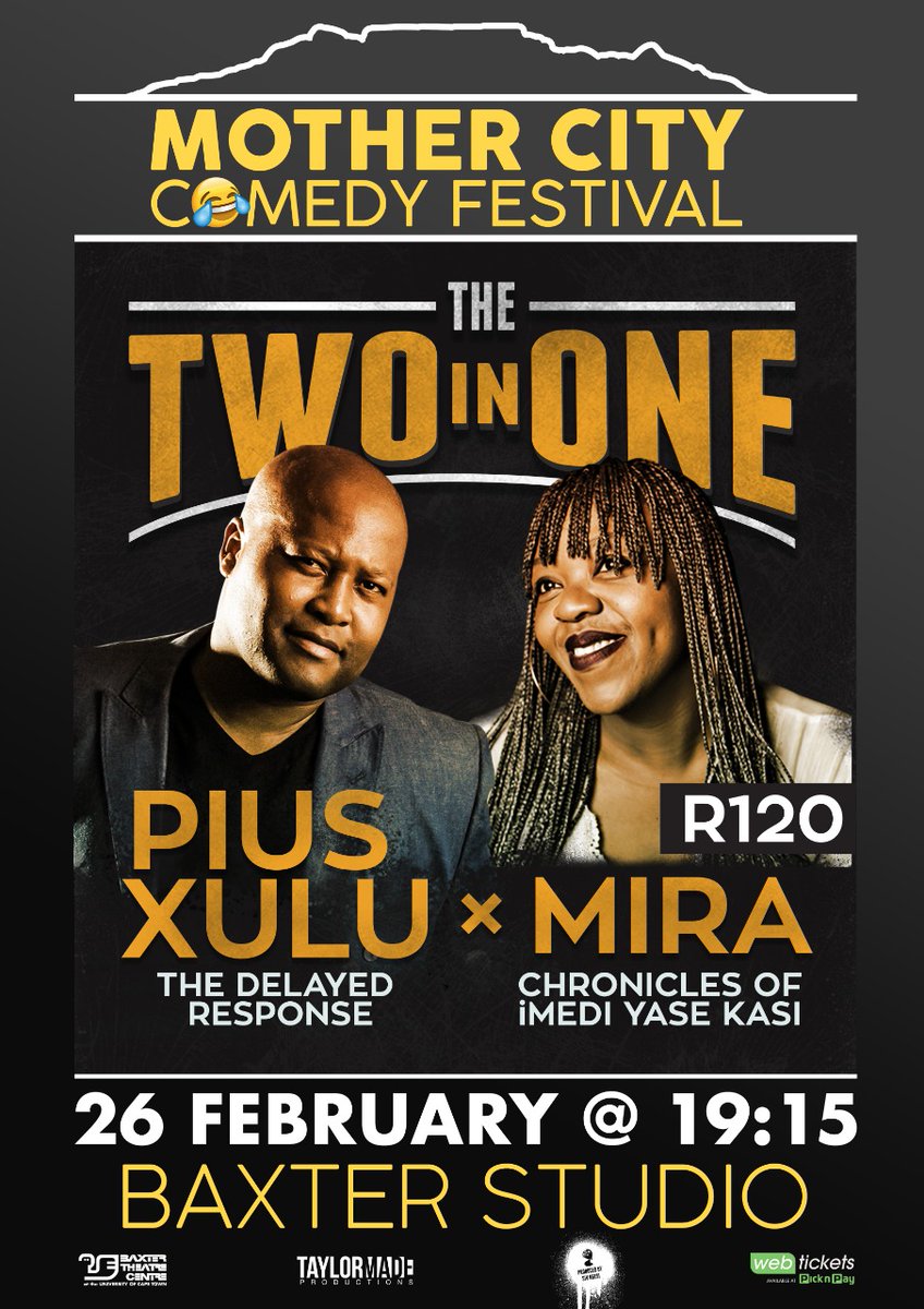 UkhambaBComedy's tweet photo. Get your tickets https://t.co/ROZ8Cjz7md & @PicknPay to #TheTwoIn a show by @PiusXulu & @mira_match_ at the @mothercitycomedyfest. #GoldenArrowStudio at the @BaxterTheatre.
Invite & share https://t.co/8ECvka8szw
#TheDelayedResponse #ChroniclesOfiMediYaseKasi
Jub Jub #CapeTown https://t.co/OmmONtoZAG