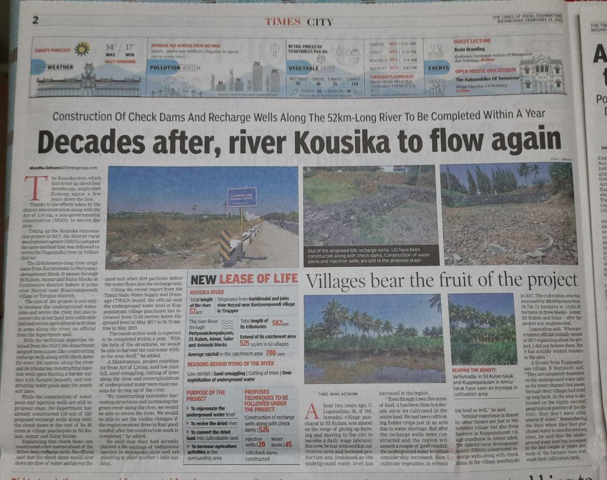 Gurudev's tweet photo. Over 3 years ago, the @ArtofLiving River Rejuvenation Team began work on Tamil Nadu's Kousika River, that had been dry for about 4 decades. Their efforts have raised the ground water level significantly which has brought a lot of benefit to farmers. https://t.co/5t62OPBP5v