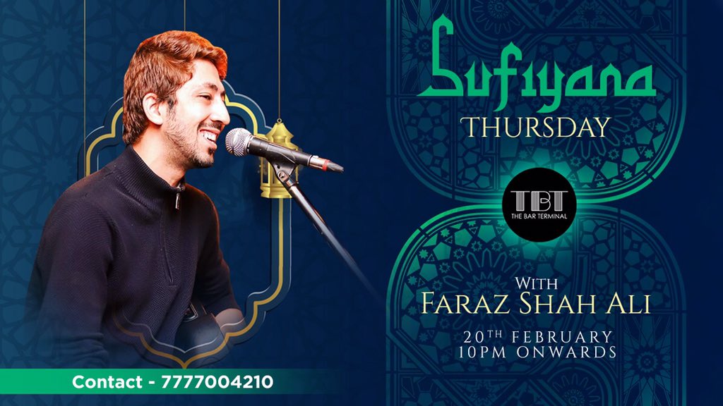 thebarterminal's tweet photo. A night with mesmerizing and soothing music. 
Hop in at The Bar Terminal this Thursday and experience Sufi Vibes with your favourite Faraz Shah Ali.
For further details Contact: +91 7777004210
#Thebarterminal #Hookahlounge #Sheeshalovers #Unpluggedmusic #Mumbai #sufinight #mumbai https://t.co/hcrLXNh99S