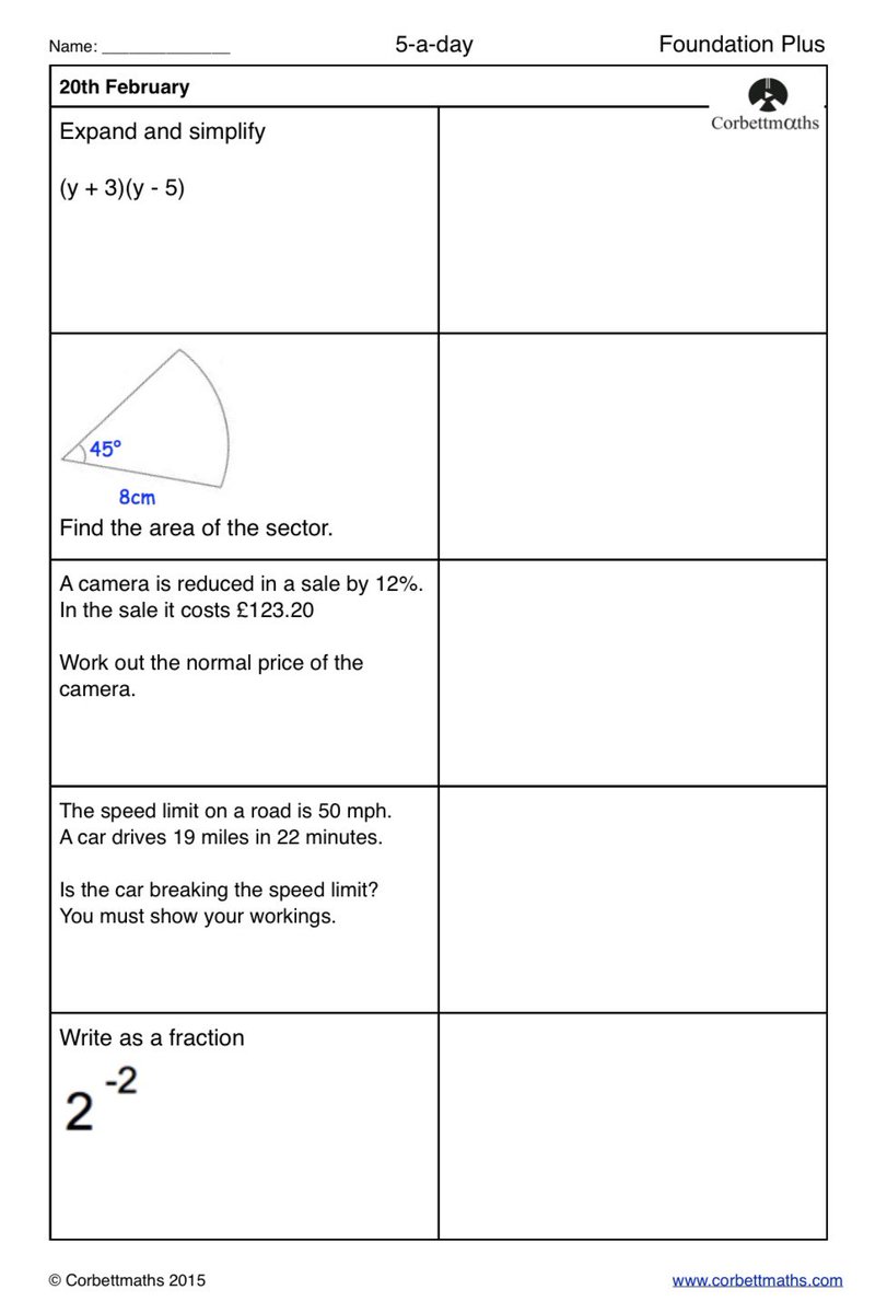 Studying for Foundation GCSE Maths? Try today's Foundation or the challenging Foundation Plus #maths5aday answers: corbettmaths.com/2016/10/26/feb…
