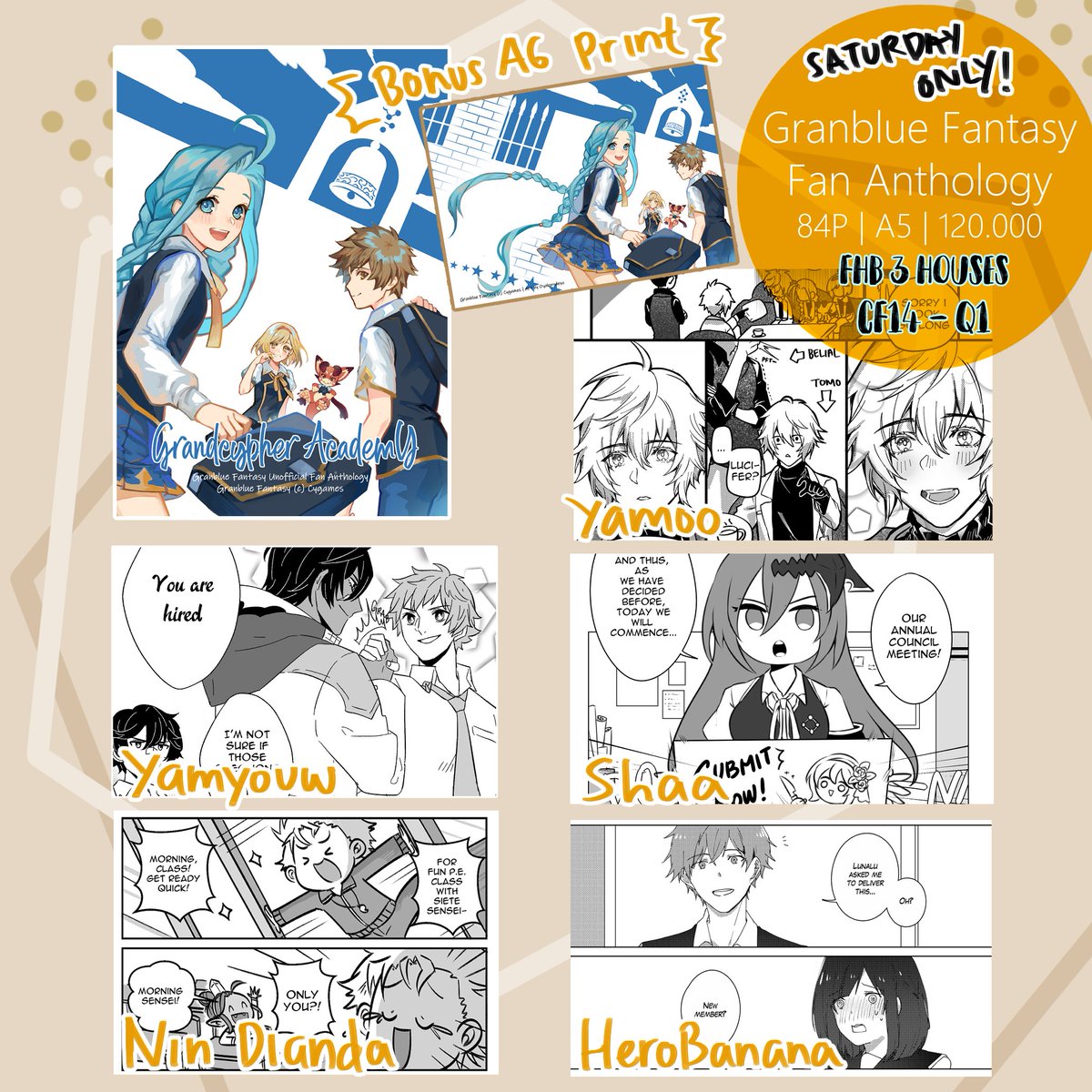 ALSO
"Grandcypher Academy", a GBF fan anthology by @sashacall @Yamyouw @herochii_banana @nindianda @Oyakorodesu 
It's a Highschool AU where everything stupidly fun ww
only available at saturday at the mentioned booth, if there's any leftover on sunday it will be on my booth ovo) 