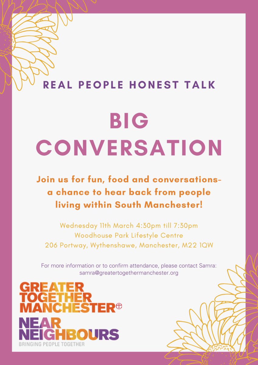 samraKazam's tweet photo. Join us for a celebration event- BIG CONVERSATION! 11th March- 4.30pm Bringing together our 4 small conversations recently ran across South MCR. A chance to hear back, initiate, build partnerships and enjoy foood!!! Booking is essential ๐๐ผ https://t.co/a9TZDowyWm @nearneighbours https://t.co/wBe3pNKR2E