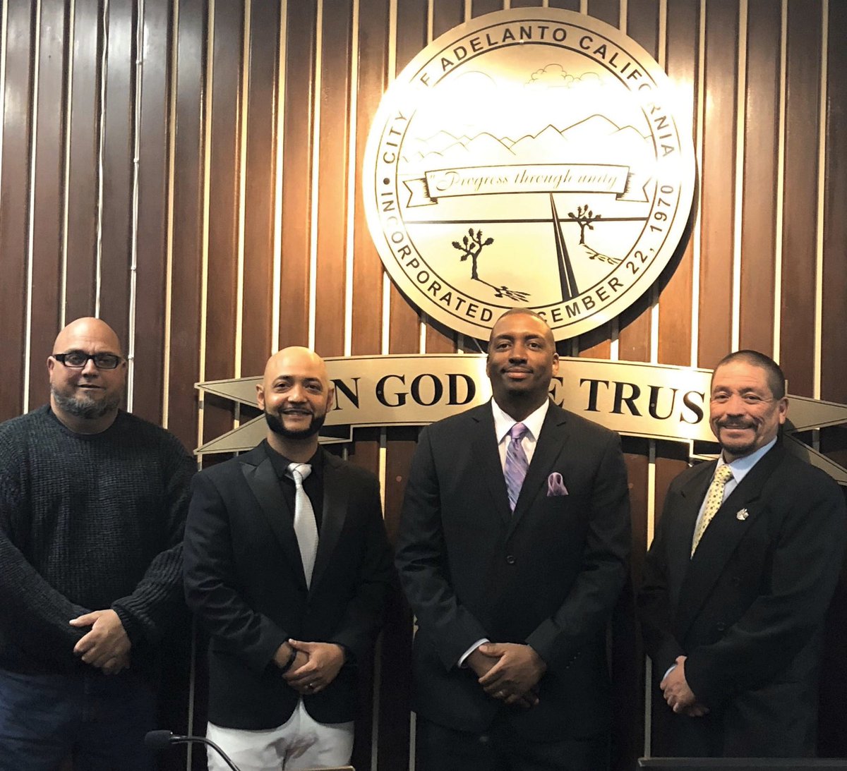 IC4IJ's tweet photo. These are the men that sold the future of @CityofAdelanto to @GEOGroup . Share far and wide. From left to right: Terry Delgado, Daniel Ramos, @keronjones9, Ricky Rubalcaba! Shame on you! This will forever be your legacy! #ShutdownAdelanto https://t.co/cKiY5EeoXh