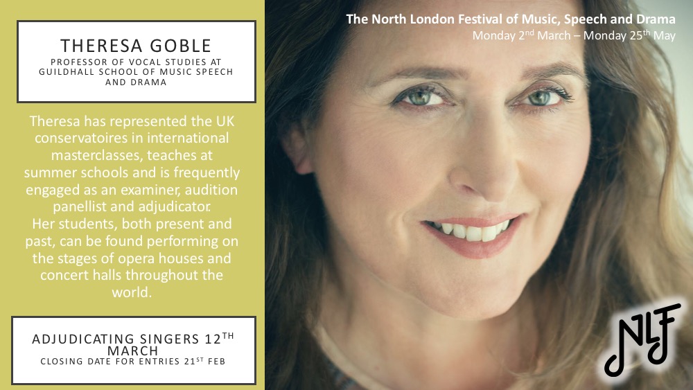 NorthLDNFest's tweet photo. Our remarkable singing adjudicator this year is Theresa Goble, Professor of Vocal Studies at @guildhallschool, teacher of countless stars who are now singing on stages  all over the world. Apply for the festival now:

https://t.co/7vvFDjl3TF https://t.co/l9W3NybXJr