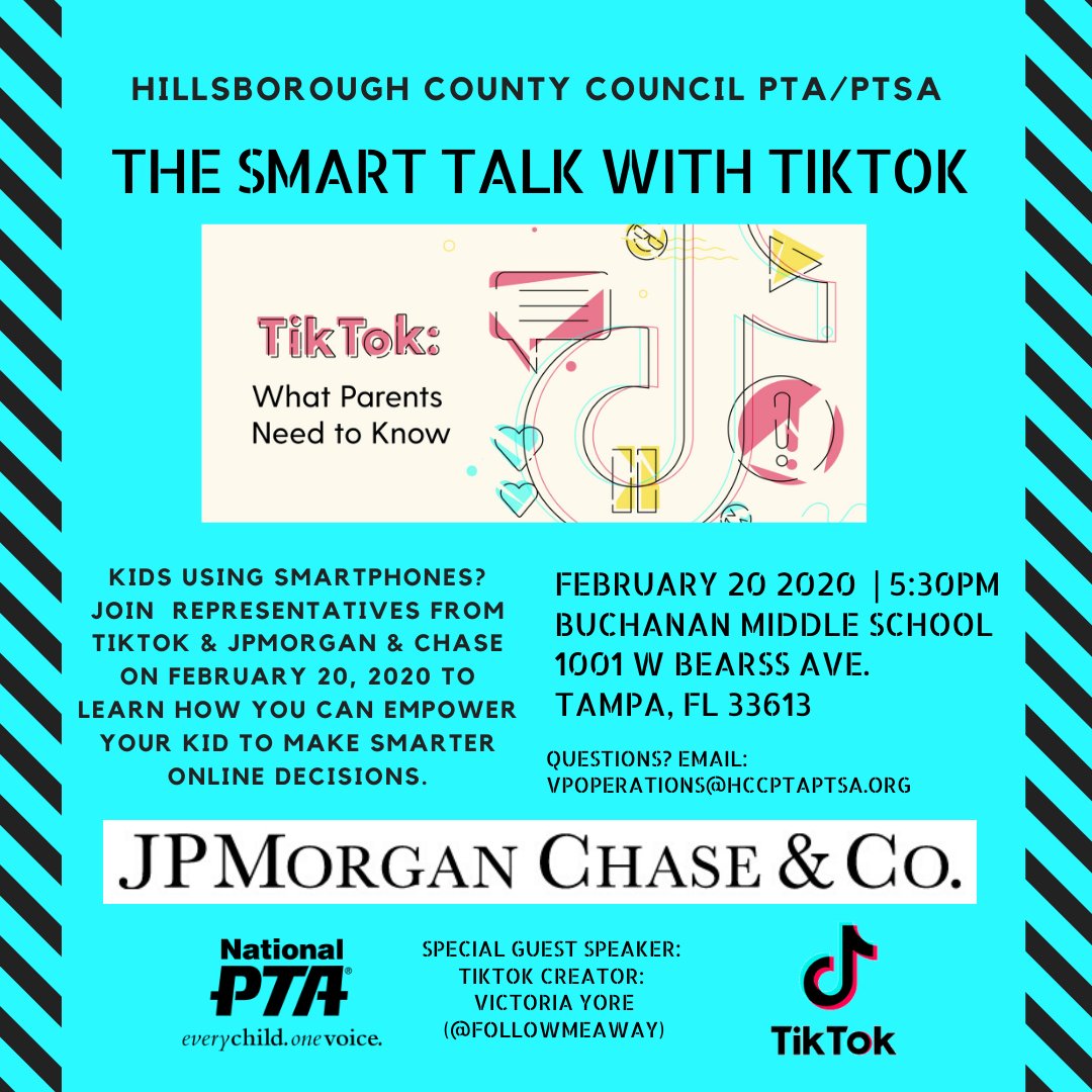 hccptaptsa's tweet photo. TONIGHT! At @BuchananBucs we are hosting a Smart Talk with @tiktok_us presentation! Come on out and learn more about cyber safety with @jpmorgan, meet @tiktok_us creator Victoria Yore (@followmeaway) and hear from our @HillsboroughSch student panel and MORE!!! @NationalPTA https://t.co/RzZ7lQOqbY