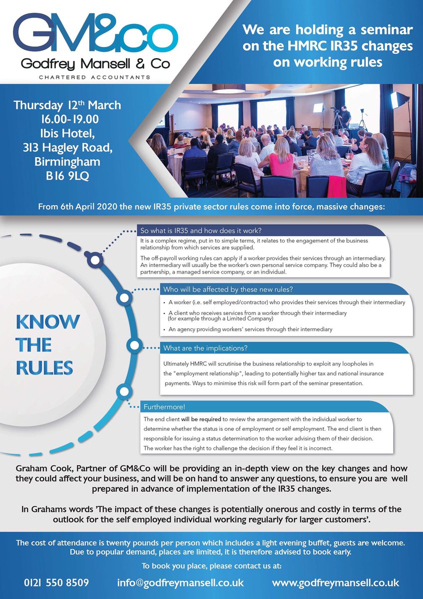 GMandCo's tweet photo. GM&Co IR35 Seminar on 12th March… BOOK NOW to find out how the changes will affect you! 📣
We are holding a seminar on HMRC IR35 on the changes on working rules from 6th April... find out more >>> info@godfreymansell.co.uk.
#IR35 #IR35Seminar #HMRCChanges #CharteredAccountants https://t.co/yGV5PDkzb9