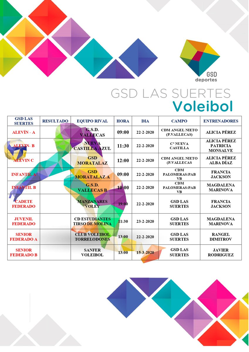 🏐🏀⚽️ GSD Las Suertes ⚽️🏀🏐

📆 Horarios de la próxima jornada para nuestros equipos.

¡A disfrutar!

<a href="/GSDcdeportivo/">Club Deportivo GSD</a> 
<a href="/andresclavero80/">Andrés</a> 
<a href="/jesus_drl/">Jesús DRL</a> <a href="/magi_313/">magdalena</a>