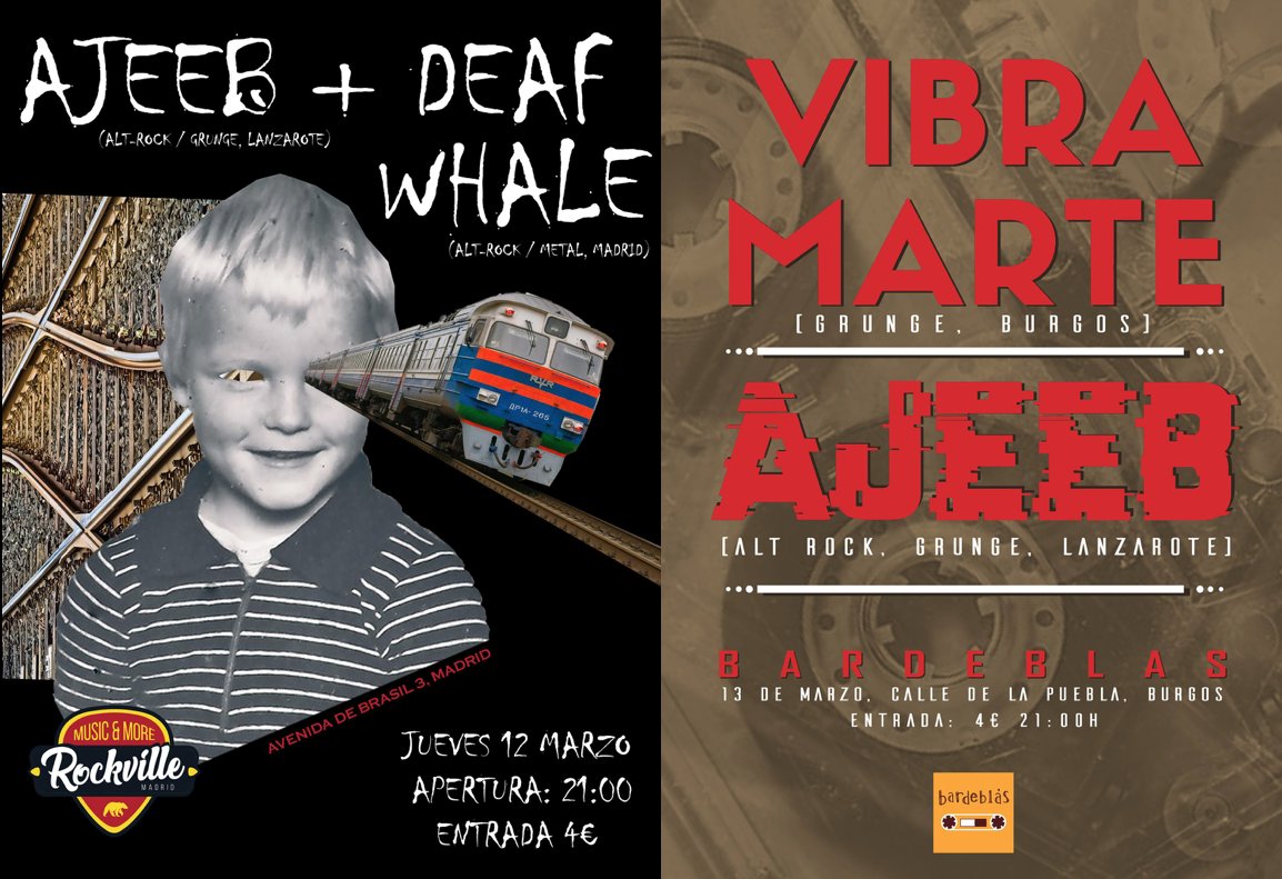 AJEEB. Próximos conciertos confirmados para Marzo: >>Jueves 12: Sala Rockville, Madrid); >>Viernes 13: Pub Bardeblas, Burgos. // #AjeebMusic, #TossandTurnTour, <a href="/Bardeblas/">Bardeblás</a>, #SalaRockville