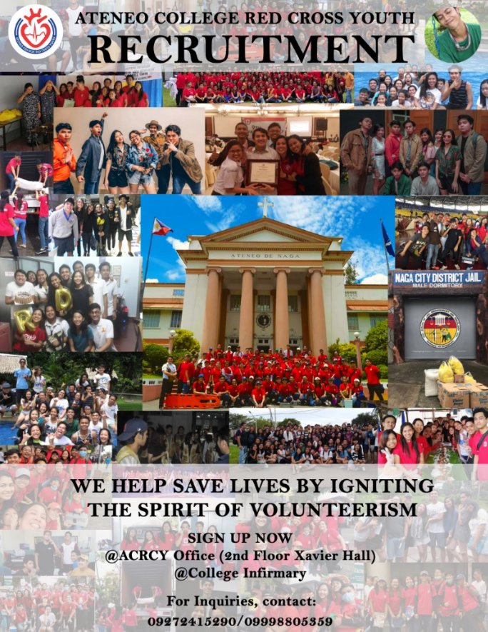 Ateneo College Red Cross Youth is now open for new applicants. We highly encourage you to be one of us! Let's save lives!

#ACRCY #JOINACRCY #ProudVolunteer