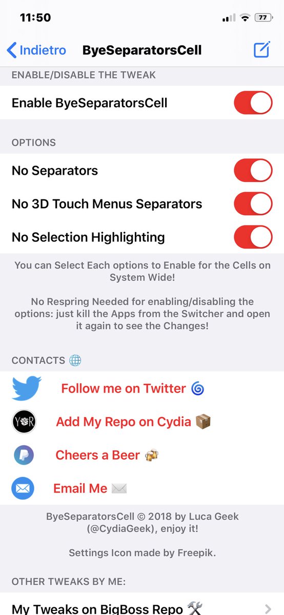 CydiaGeek's tweet photo. !ALERT!🚨
I’ve just submitted #ByeSeparatorsCell New V. to #Cydia!
Enjoy 🤓👽
Version 1.0.4
- Added the option to Hide the Separator Lines from 3D Touch Menus (Thanks No3DLines by my Friend @MTAC8). Mail Request.
- Cleanup. https://t.co/uIzLrhyWXG