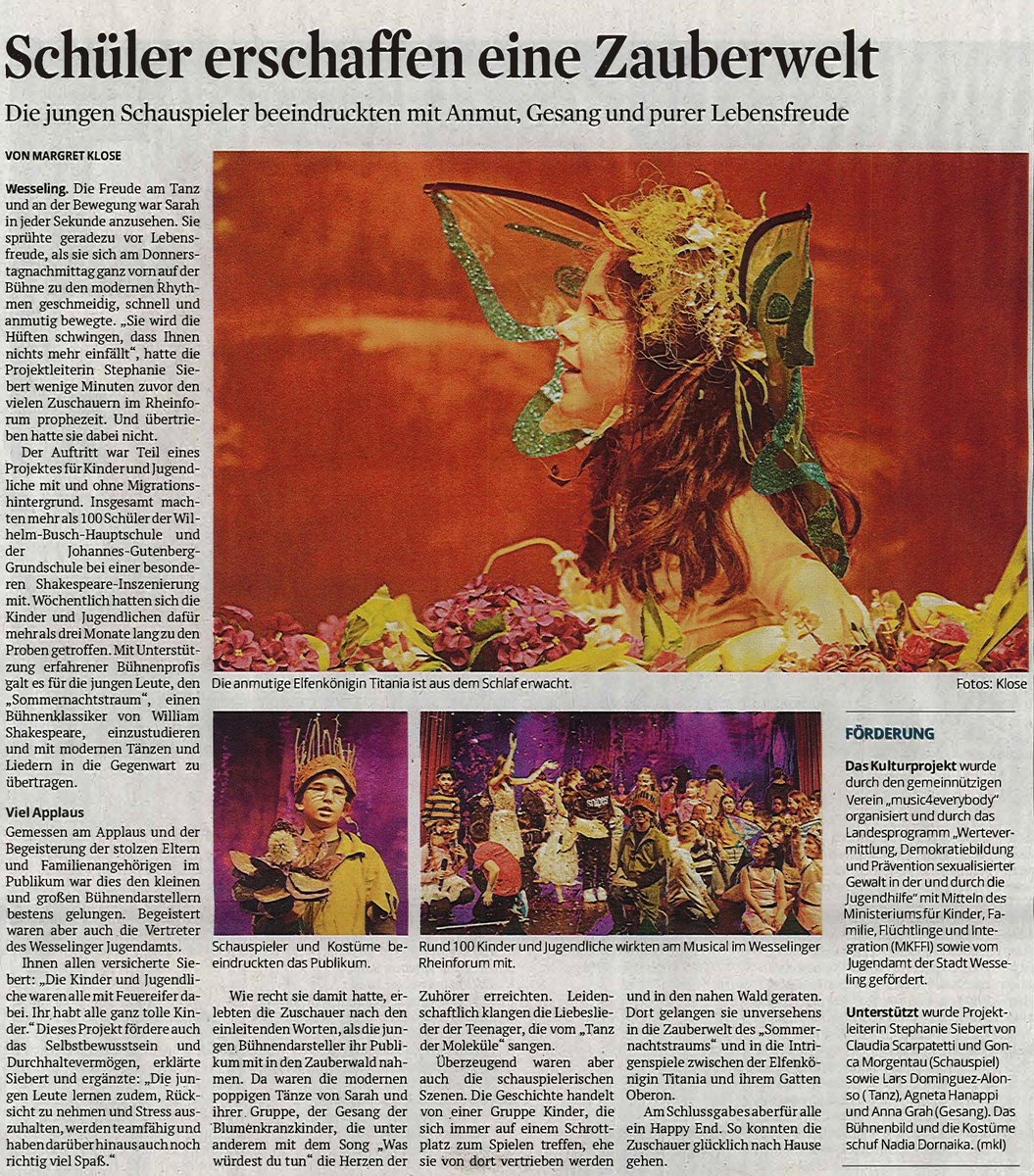 m4e_eV's tweet photo. wunderbarer Artikel im Kölner Stadtanzeiger über unsere Arbeit und die Vorstellung von "Sommernachtstraum" im Rheinforum Wesseling. Ein Herzliches Dankeschön an Margret Klose. https://t.co/wmjOrwOVlO